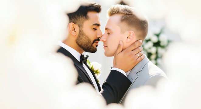 Close-up of two grooms embracing at their wedding ceremony, showing love and commitment against a background of white flowers. - Powered by Adobe