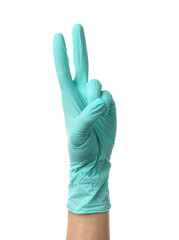 Female hand in medical glove showing two fingers on white background