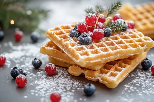 Stack of golden breakfast squares decorated with fresh berries and powdered sugar