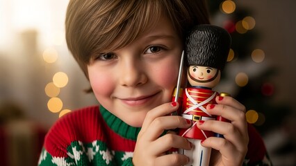 Smiling young child in christmas sweater holding a nutcracker toy doll, festive holiday portrait