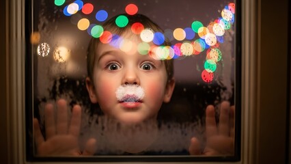 Naklejka premium Surprised young child looking through steamy window with colorful christmas lights bokeh background