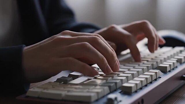 Closeup of hands typing quickly on a mechanical keyboard, focused on fingers and keys