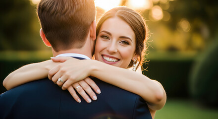 Smiling bride embracing groom in a garden during sunset with lens flare, showcasing love and commitment on their wedding day.
