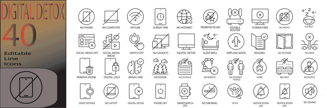 Digital detox icon set