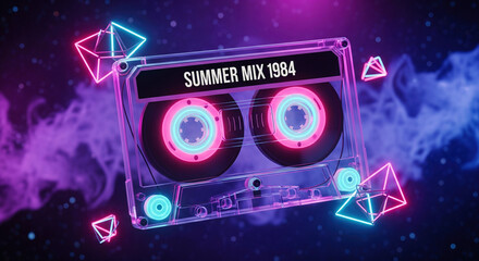 Retro cassette tape floating in a neon synthwave scene with 80s geometric shapes and glowing vaporwave aesthetic, reminiscent of summer mix 1984.