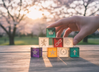 Leadership tactical cubes arranged manually using detailed depth and bright softly faded background blur