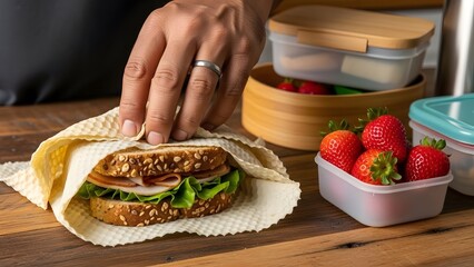 Eco-Friendly School Lunch with Beeswax Cloth and Seasonal Strawberries