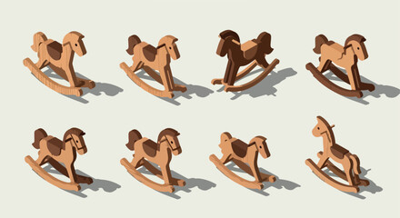 Wooden rocking horses collection in various shades