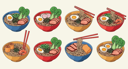 Ramen bowls collection with various toppings