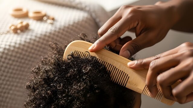 Black Father Combing Toddler's Curly Hair with Bamboo Comb