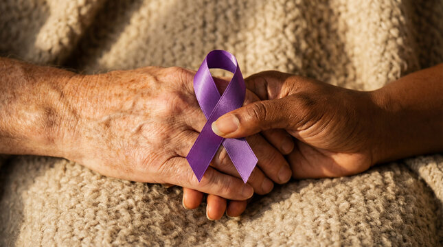 Senior and mid adult female hands holding purple ribbon, woman supporting patient with cancer - Powered by Adobe