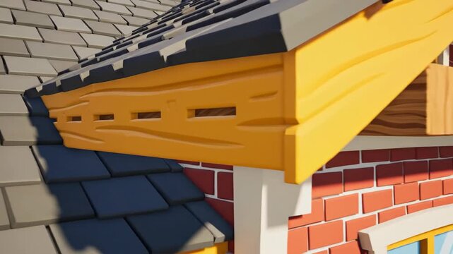 Close-up of a toy house's eave and roof with blue tiles, set against red and white brick wall