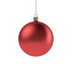 Red Christmas bauble hanging on a string, 3D render isolated on transparent background