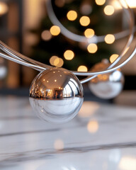 A captivating composition of silver ornaments arranged in a circular pattern, highlighting reflections and soft bokeh lighting that enhance the festive vibe.