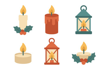 Winter holiday flat icon set. featuring candle, lantern, holly, and flame symbols