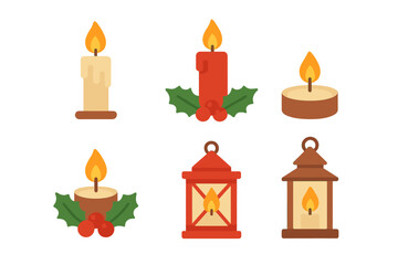 Christmas candle flat icons set. featuring pillar, holly-adorned, lantern, tealight, and red candles
