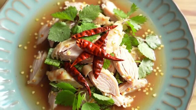 Close-up of sliced chicken salad with herbs and red chili peppers on a blue plate with patterned rim