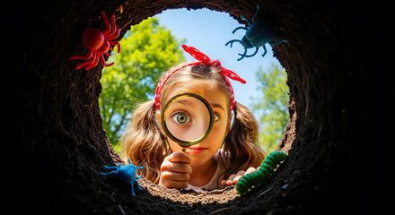 Young girl exploring a bug's eye view of nature with a magnifying glass in a garden, surrounded by toy insects and a bright blue sky.