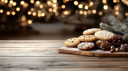 Holiday cookies on wooden board with pine cones and festive lights, cozy warm scene