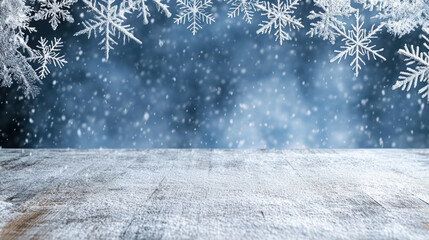 Snowflake wooden table winter background with falling snow and cool atmosphere