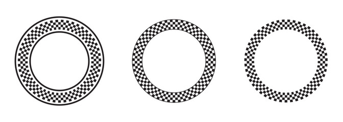 Fototapeta na wymiar Set of round frames with black and white chequered print. Vignettes with checkerboard, rally flag or chess game plane pattern. Circular geometric frameworks. Vector graphic illistration