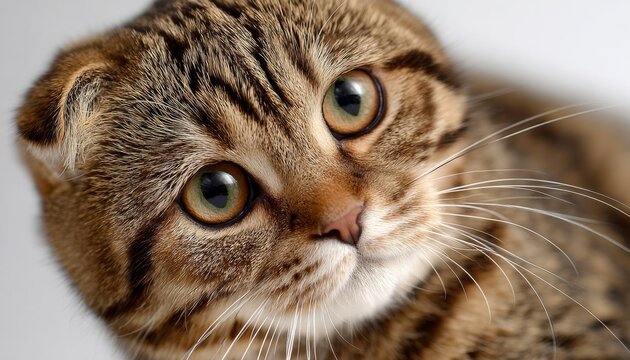 Charming Brown Tabby Scottish Fold Cat with Round Eyes Posing Adorably at Home in Cozy Setting - Powered by Adobe