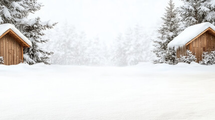 Snowy wooden cottage scene with pine trees and gentle snowfall, peaceful winter mood
