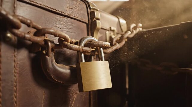 Close-up of vintage suitcases secured with a rusty chain and shiny brass padlock in a softly lit, dusty room