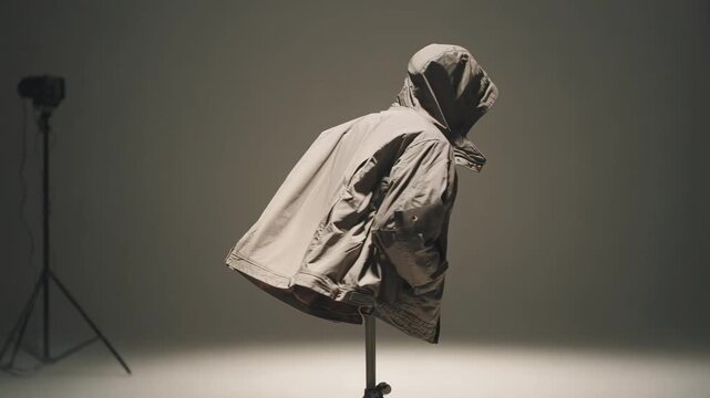 Medium shot capturing a casual jacket spinning slowly on a rotating stand emphasizing fabric texture and detailed stitching in soft studio lighting.
