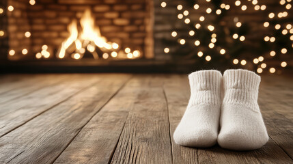 Obraz premium Cozy baby socks by fireplace with warm bokeh lights and wooden floor