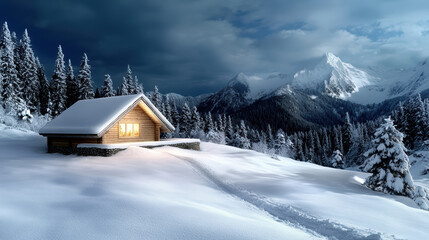 Cozy wooden cabin snowy mountain night glowing window inviting warmth