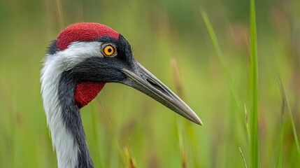 Naklejka premium blending with the green grass background, it stands tall and straight in its natural habitat. the close-up shot captures every detail of its black head, red crest, yellow eyes, long beak, slender neck