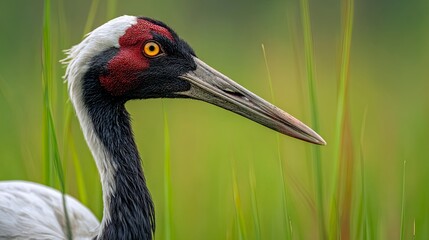 Naklejka premium blending with the green grass background, it stands tall and straight in its natural habitat. the close-up shot captures every detail of its black head, red crest, yellow eyes, long beak, slender neck