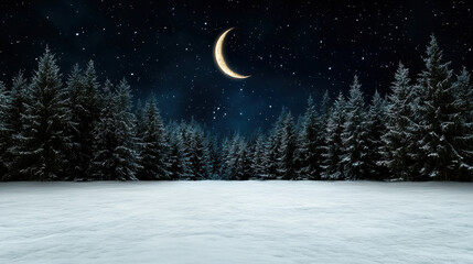 Crescent moon snowy field pine forest starry sky