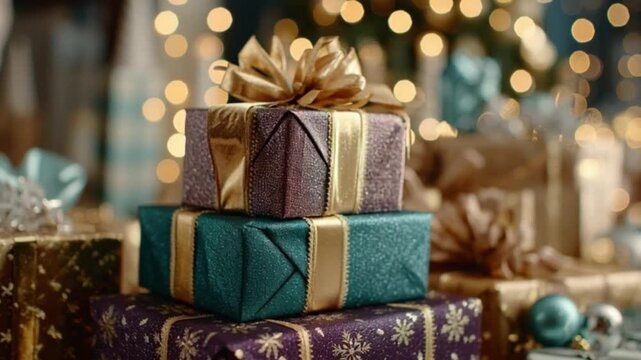 Hands stacking Christmas gift boxes with gold ribbons in a festive setting