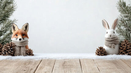 Naklejka premium Fox rabbit scarf pine cone winter forest holiday scene smiling animals