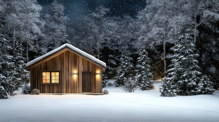 Cozy wooden cabin snowy forest night warm light
