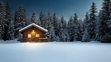 Snowy cabin forest night cozy glow invites peaceful winter solitude
