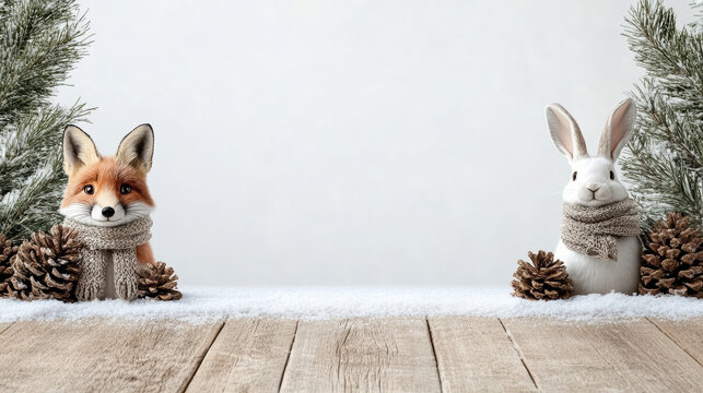 Fox rabbit scarf pine cone winter forest holiday scene smiling animals - Powered by Adobe