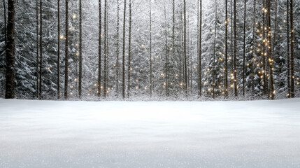 Fototapeta premium Snowy pine forest with glowing fairy lights and untouched snow, serene winter scene