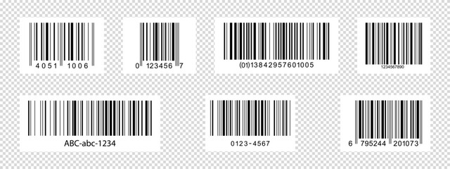 Set of barcode stickers. Bar code labels isolated on transparent background. Visual presentation of digital data with information about product, event or manufacturer. Vector graphic illustration