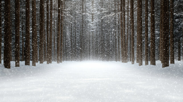 Snowy pine forest pathway with falling snow and soft light - Powered by Adobe