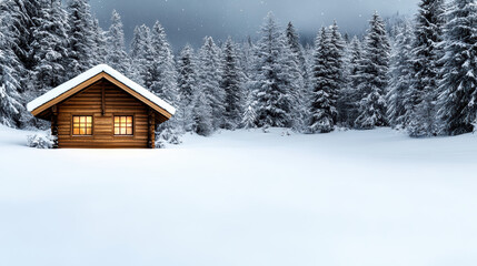 Cozy cabin snowy forest winter night glowing window peaceful atmosphere