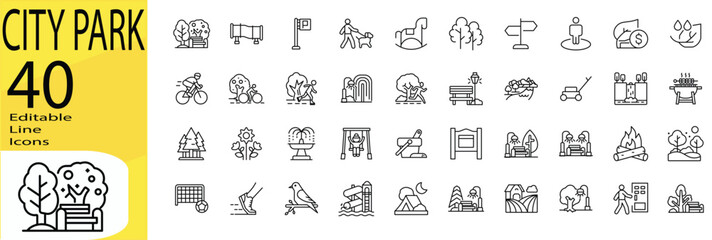 Editable stroke City Park icon set