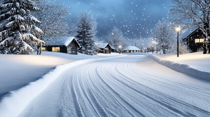 Snowy road cabin night snowfall peaceful winter village evening lights