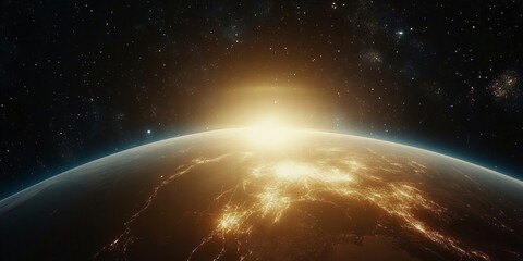 Fototapeta premium Breathtaking Sunrise From Space Showcasing Earth Glowing with City Lights and Starry Background