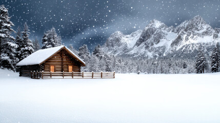 Cozy log cabin with warm windows in snowy mountain clearing, gentle snowfall and serene mood