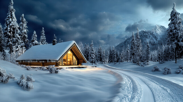 Cozy snowy cabin at dusk warm light through window peaceful winter landscape
