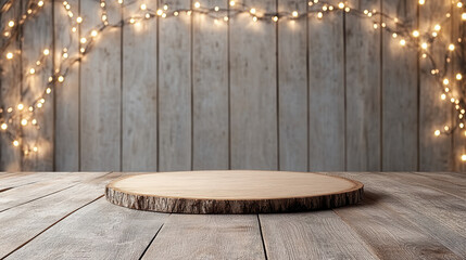 Fototapeta premium Rustic wooden display with warm fairy lights, cozy textured backdrop and natural wood slice