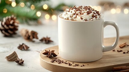 Cozy mug of hot cocoa with whipped cream and chocolate shavings on wooden board, festive feel